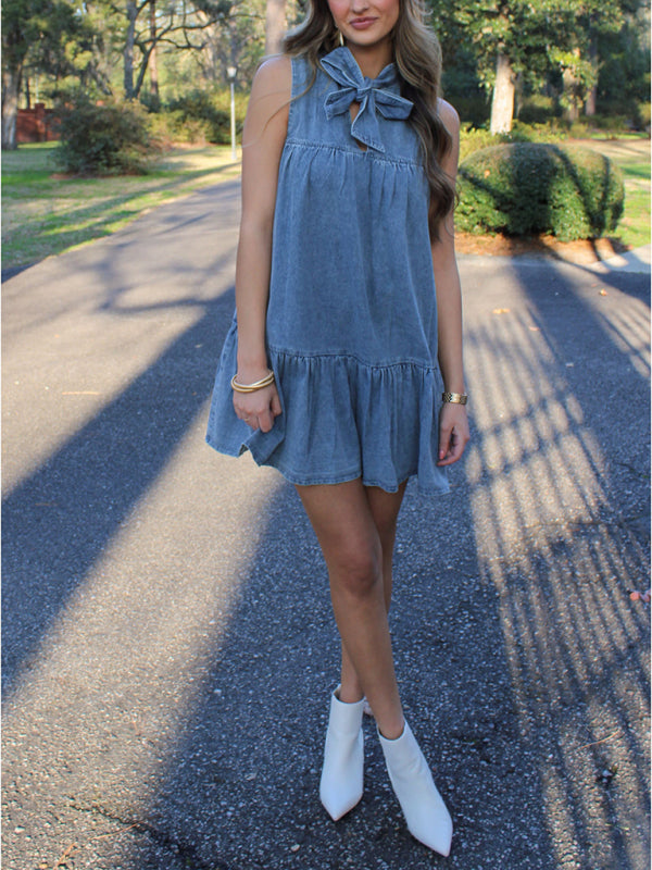 Casual Dresses- Sleeveless Denim Tunic Dress with Bow Front for Casual Events- - Pekosa Women Fashion