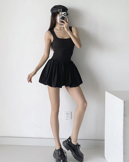 Casual Dresses- Solid Fit & Flare Drop Waist Tank Mini Dress for Summer- - Chuzko Women Clothing