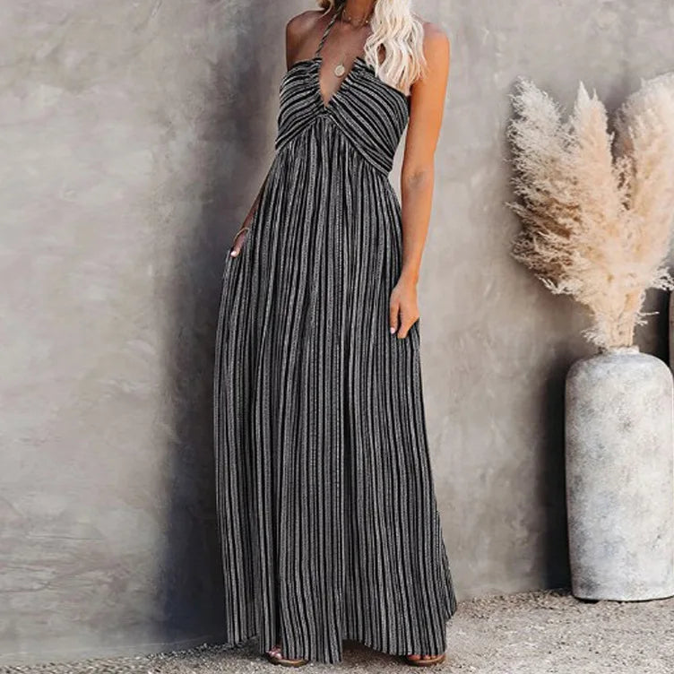 Casual Dresses- Striped A-Line Plunging Maxi Dress with Bowknot Back- - Pekosa Women Fashion