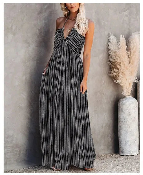 Casual Dresses- Striped A-Line Plunging Maxi Dress with Bowknot Back- - Pekosa Women Fashion