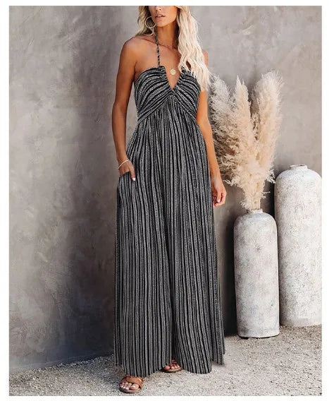 Casual Dresses- Striped A-Line Plunging Maxi Dress with Bowknot Back- - Pekosa Women Fashion