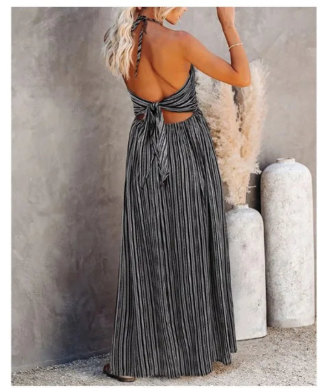 Casual Dresses- Striped A-Line Plunging Maxi Dress with Bowknot Back- - Pekosa Women Fashion