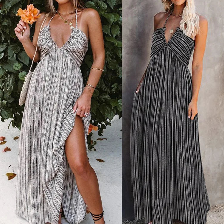 Casual Dresses- Striped A-Line Plunging Maxi Dress with Bowknot Back- - Pekosa Women Fashion