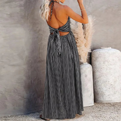 Casual Dresses- Striped A-Line Plunging Maxi Dress with Bowknot Back- - Pekosa Women Fashion