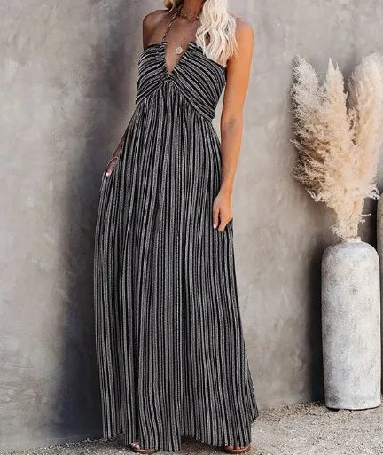 Casual Dresses- Striped A-Line Plunging Maxi Dress with Bowknot Back- Black- Pekosa Women Fashion