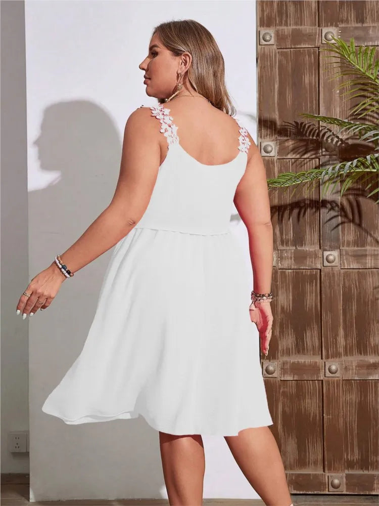 Casual Dresses- Summer Blouson Plus-Size Dress with Lace Detail- - Pekosa Women Fashion