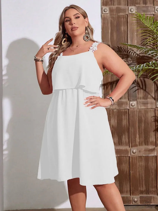 Casual Dresses- Summer Blouson Plus-Size Dress with Lace Detail- White- Pekosa Women Fashion
