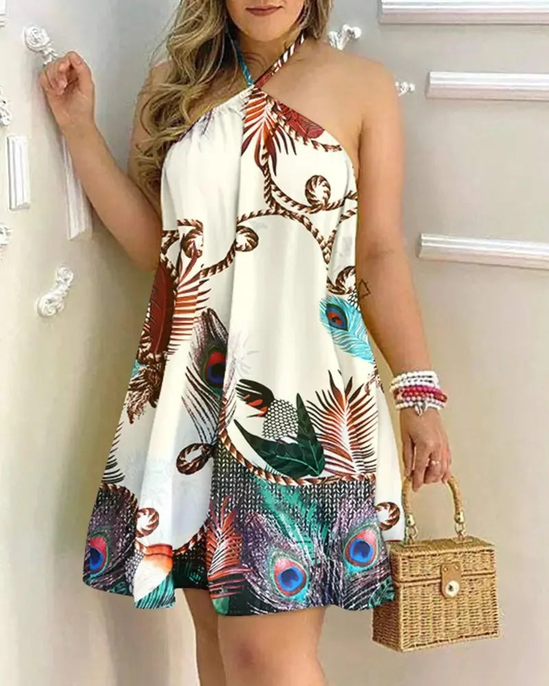 Casual Dresses- Summer Essential Tropical Print Halter Neck Dress- - Pekosa Women Fashion