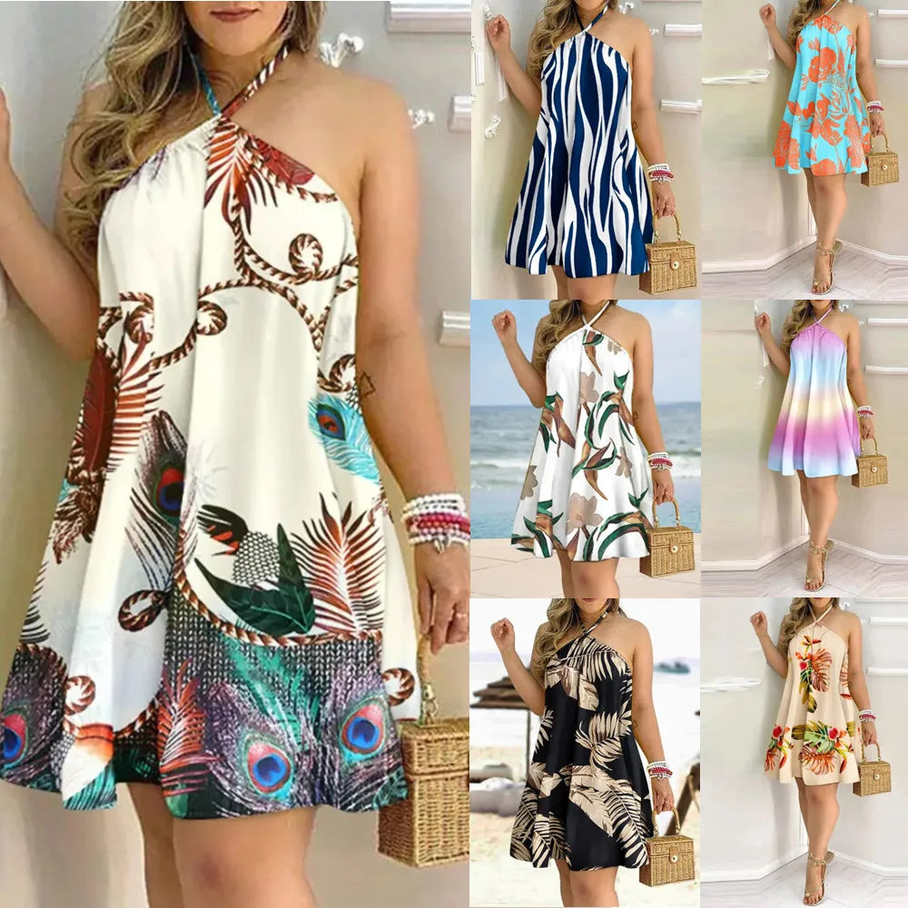 Casual Dresses- Summer Essential Tropical Print Halter Neck Dress- - Pekosa Women Fashion