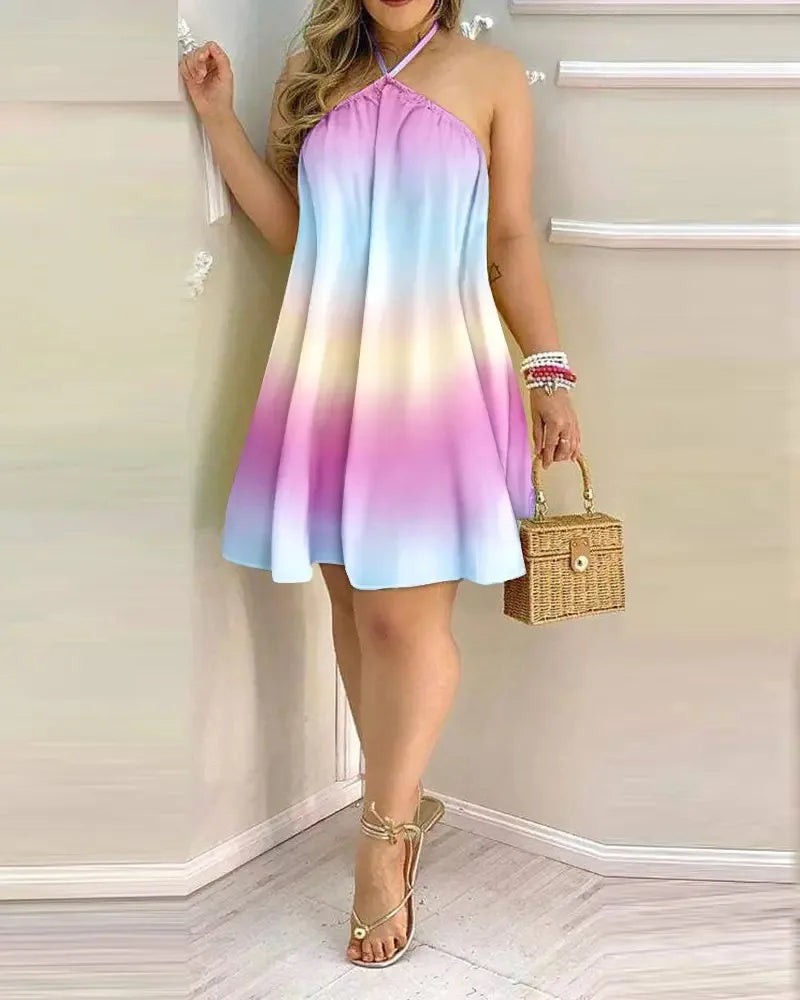 Casual Dresses- Summer Essential Tropical Print Halter Neck Dress- Gradient- Pekosa Women Fashion