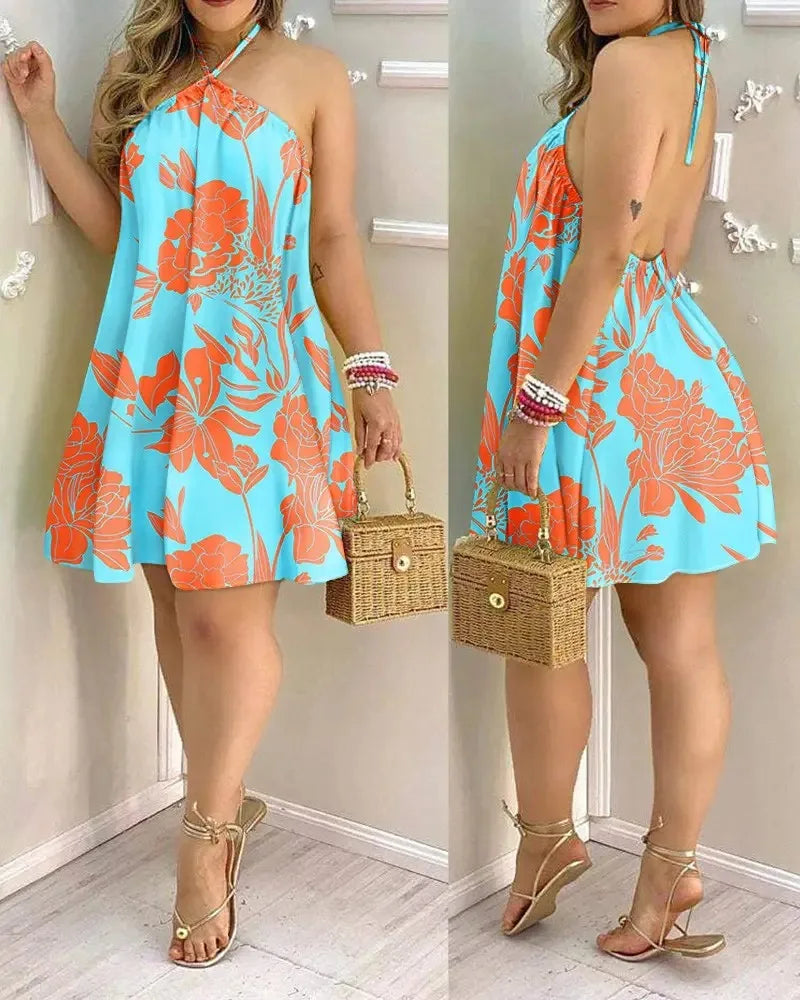 Casual Dresses- Summer Essential Tropical Print Halter Neck Dress- - Pekosa Women Fashion