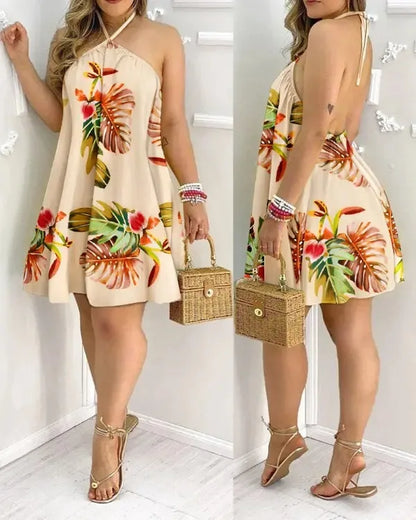 Casual Dresses- Summer Essential Tropical Print Halter Neck Dress- - Pekosa Women Fashion