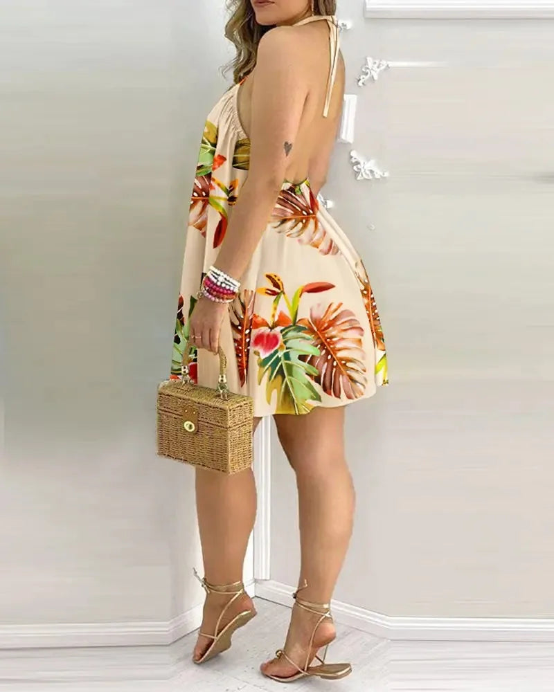 Casual Dresses- Summer Essential Tropical Print Halter Neck Dress- - Pekosa Women Fashion