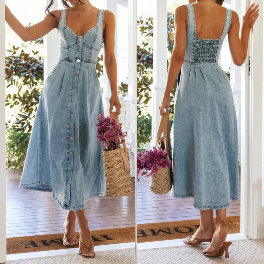 Casual Dresses- Summer Essentials Sweetheart Midi Dress in Denim- - Pekosa Women Fashion