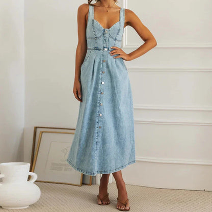 Casual Dresses- Summer Essentials Sweetheart Midi Dress in Denim- - Pekosa Women Fashion