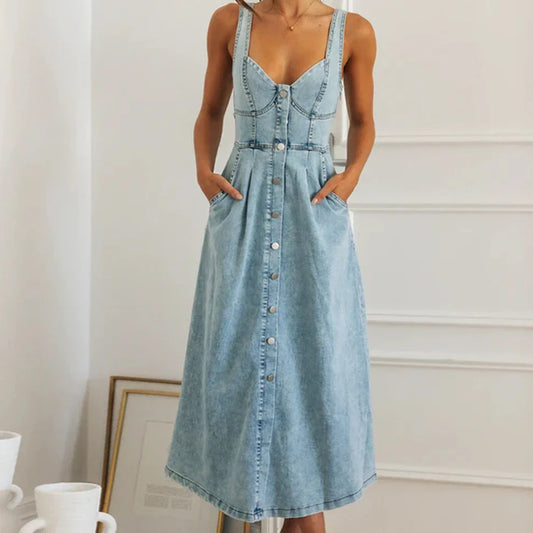 Casual Dresses- Summer Essentials Sweetheart Midi Dress in Denim- Blue- Pekosa Women Fashion