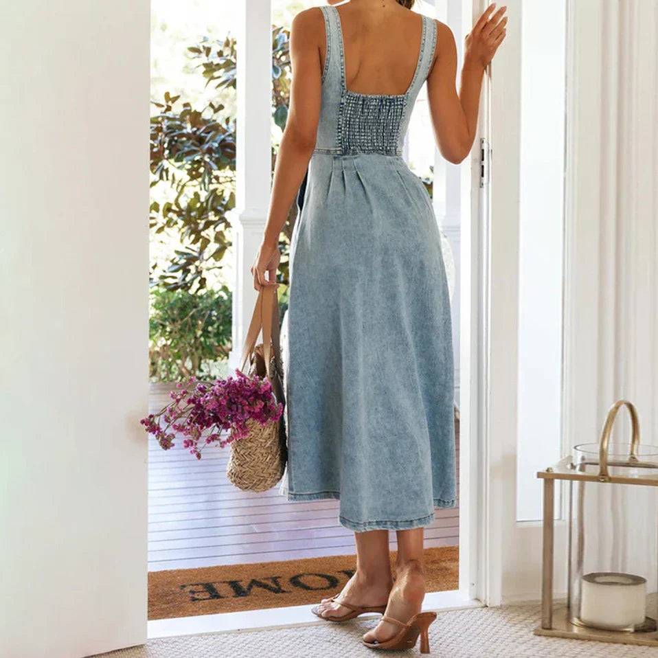 Casual Dresses- Summer Essentials Sweetheart Midi Dress in Denim- - Pekosa Women Fashion