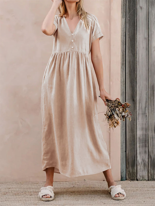 Casual Dresses- Summer Women's A-Line Loose V-Neck Midi Dress in Cotton- - Pekosa Women Fashion