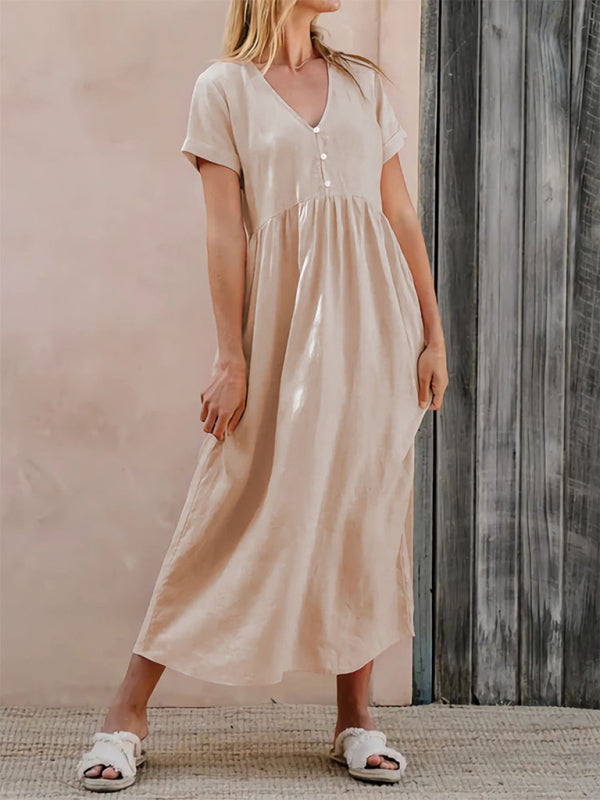 Casual Dresses- Summer Women's A-Line Loose V-Neck Midi Dress in Cotton- - Pekosa Women Fashion