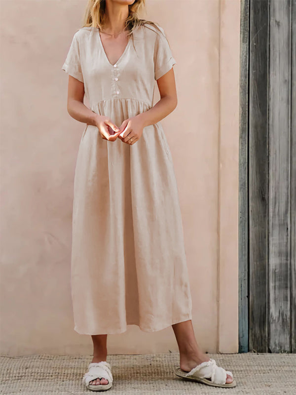 Casual Dresses- Summer Women's A-Line Loose V-Neck Midi Dress in Cotton- - Pekosa Women Fashion