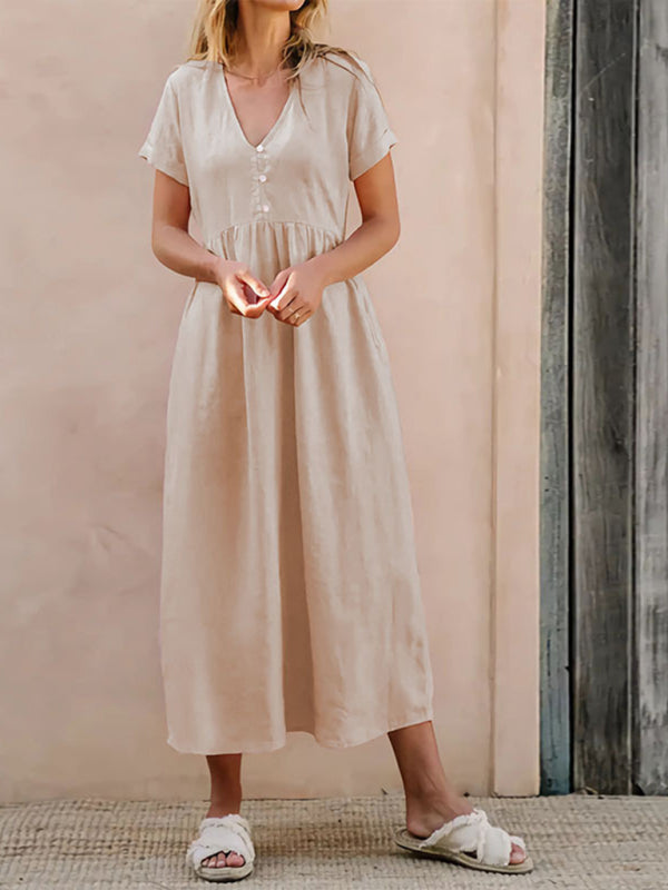 Casual Dresses- Summer Women's A-Line Loose V-Neck Midi Dress in Cotton- - Pekosa Women Fashion