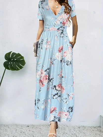 Casual Dresses- Trendy Surplice Floral Midi Dress for Casual Chic- Sky blue- Pekosa Women Fashion