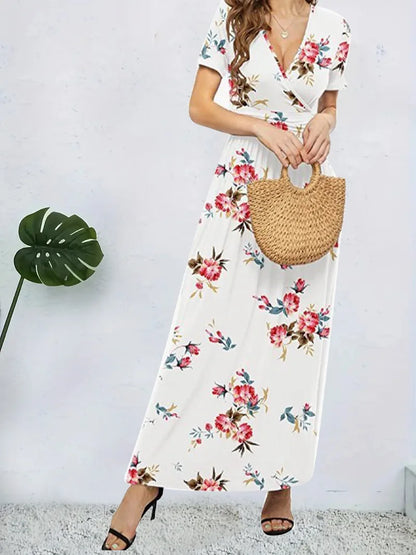 Casual Dresses- Trendy Surplice Floral Midi Dress for Casual Chic- - Pekosa Women Fashion