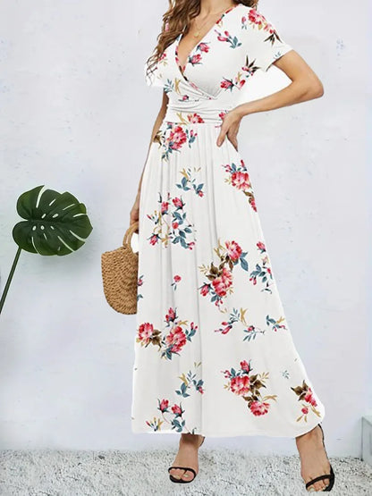 Casual Dresses- Trendy Surplice Floral Midi Dress for Casual Chic- - Pekosa Women Fashion