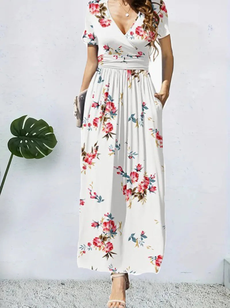 Casual Dresses- Trendy Surplice Floral Midi Dress for Casual Chic- White- Pekosa Women Fashion