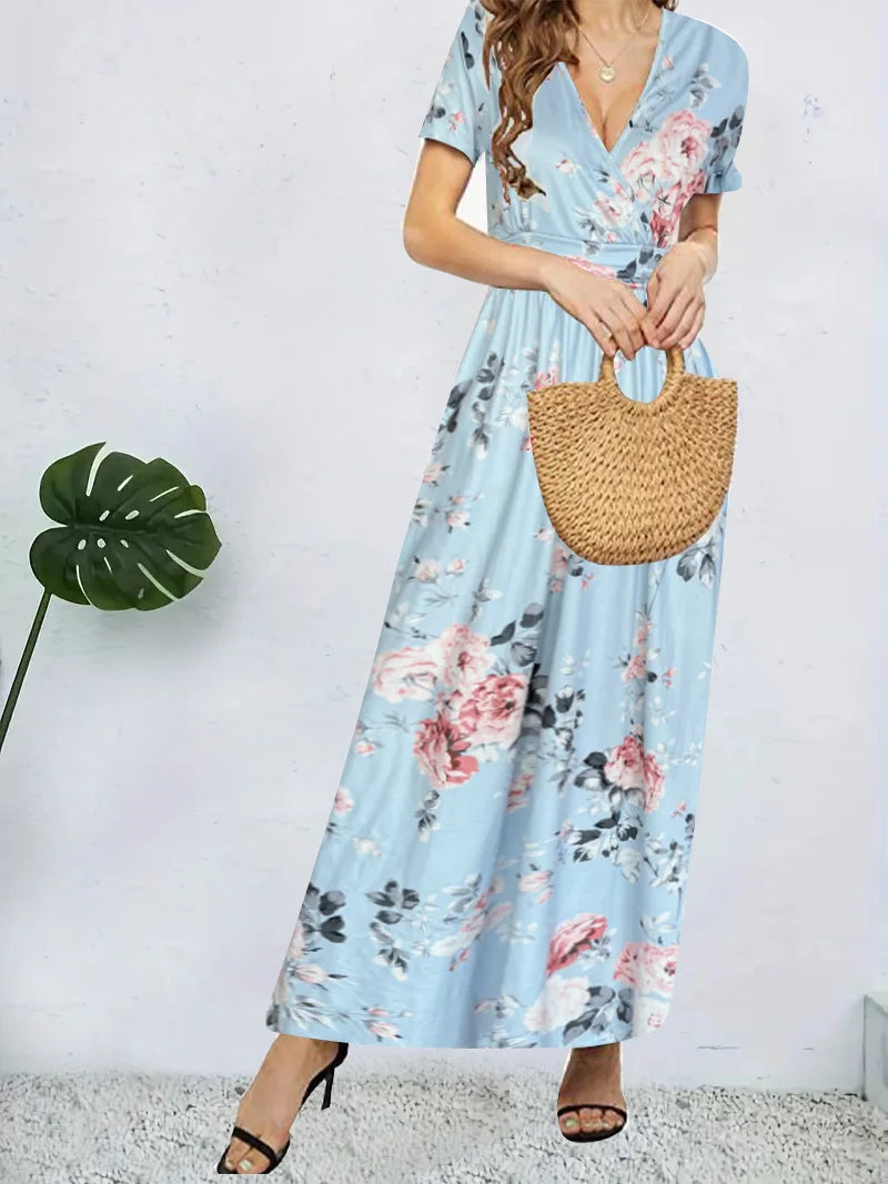 Casual Dresses- Trendy Surplice Floral Midi Dress for Casual Chic- - Pekosa Women Fashion