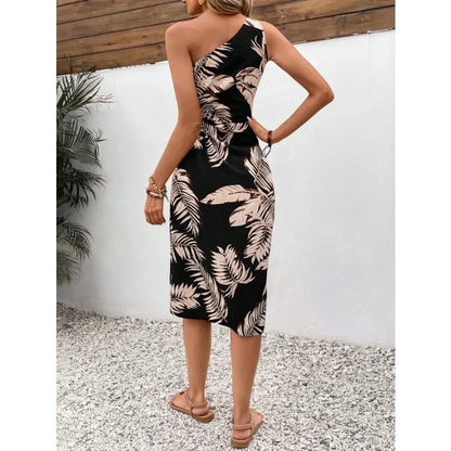 Casual Dresses- Tropical Trend Asymmetric Dress with Thigh-High Slit- - Pekosa Women Fashion