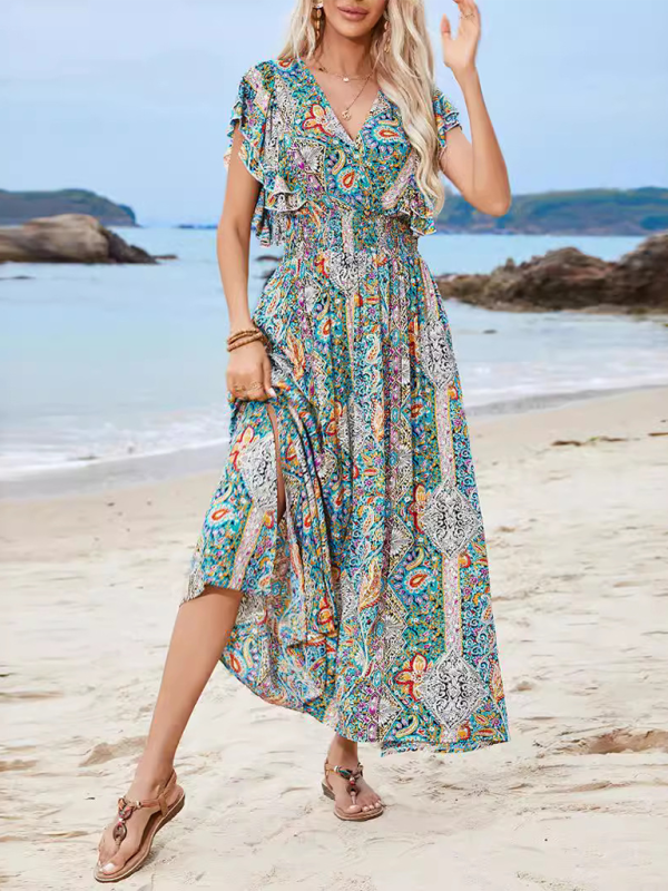 Casual Dresses- Vibrant Boho Flowy Maxi Dress with Tie-back- - Pekosa Women Fashion