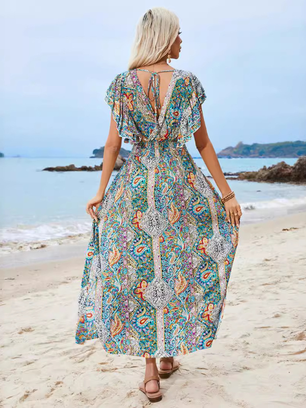 Casual Dresses- Vibrant Boho Flowy Maxi Dress with Tie-back- - Pekosa Women Fashion