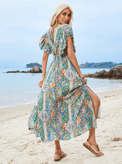 Casual Dresses- Vibrant Boho Flowy Maxi Dress with Tie-back- - Pekosa Women Fashion