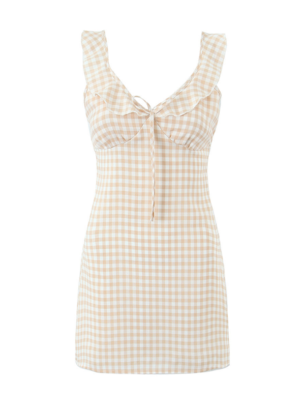 Casual Dresses- Women Checkmate Mini Dress- Khaki- Pekosa Women Fashion