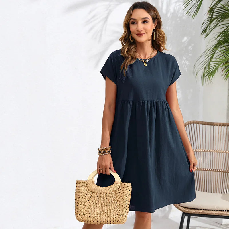 Casual Dresses- Women Cotton Linen Midi Dress for Any Setting- Navy Blue- Pekosa Women Fashion