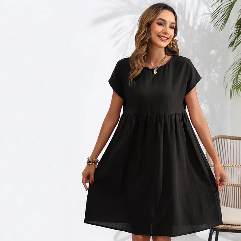 Casual Dresses- Women Cotton Linen Midi Dress for Any Setting- Black- Pekosa Women Fashion