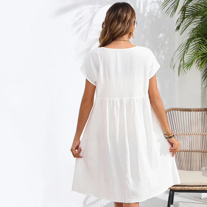 Casual Dresses- Women Cotton Linen Midi Dress for Any Setting- - Pekosa Women Fashion