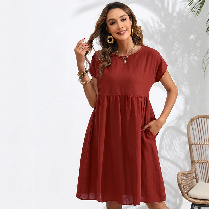 Casual Dresses- Women Cotton Linen Midi Dress for Any Setting- - Pekosa Women Fashion