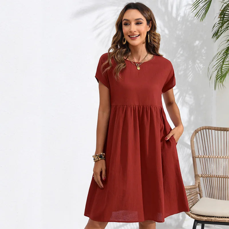 Casual Dresses- Women Cotton Linen Midi Dress for Any Setting- - Pekosa Women Fashion