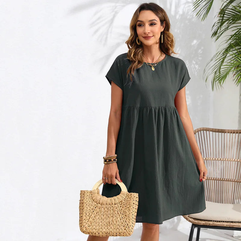 Casual Dresses- Women Cotton Linen Midi Dress for Any Setting- - Pekosa Women Fashion