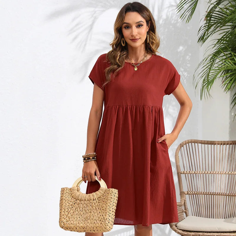 Casual Dresses- Women Cotton Linen Midi Dress for Any Setting- - Pekosa Women Fashion