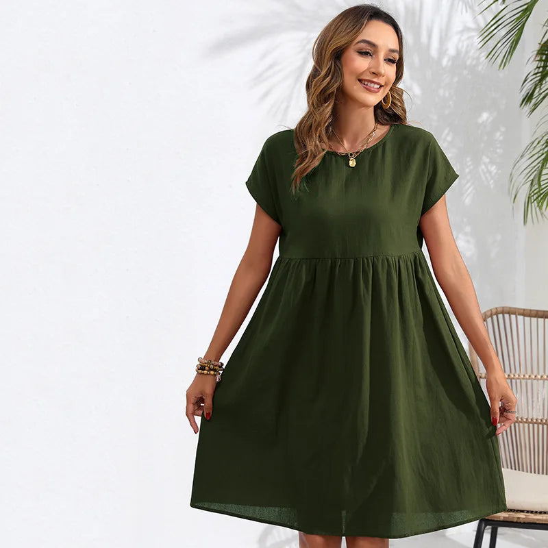 Casual Dresses- Women Cotton Linen Midi Dress for Any Setting- Military Green- Pekosa Women Fashion