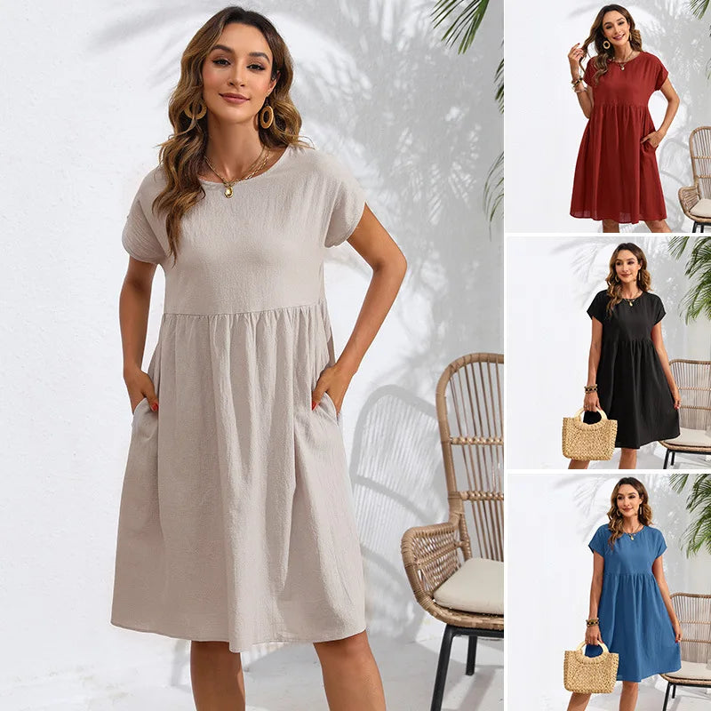 Casual Dresses- Women Cotton Linen Midi Dress for Any Setting- - Pekosa Women Fashion