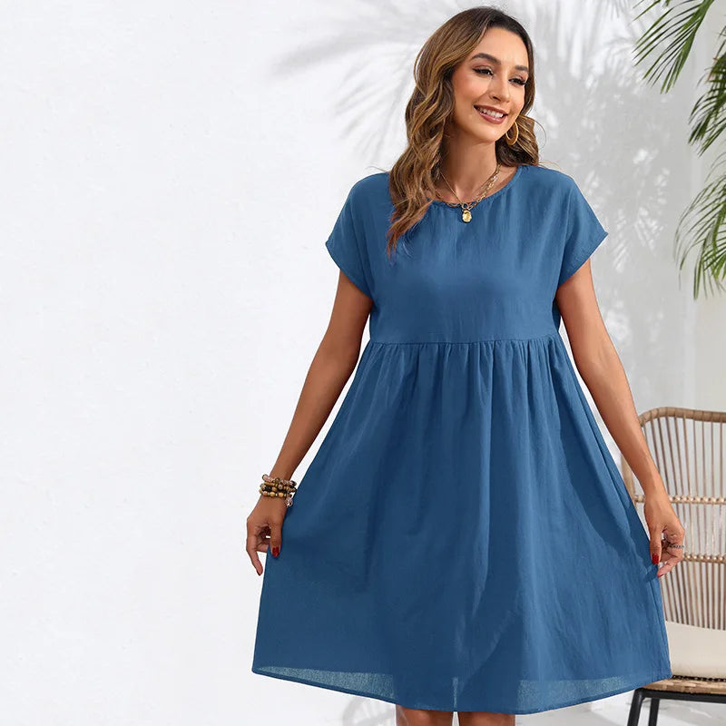 Casual Dresses- Women Cotton Linen Midi Dress for Any Setting- Blue- Pekosa Women Fashion