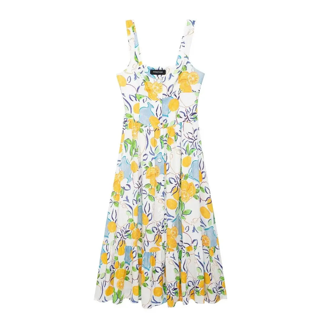 Casual Dresses- Women Floral Button-Up Midi Dress for Family Gatherings- Yellow Print- Pekosa Women Fashion