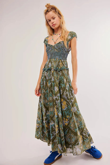 Casual Dresses- Women Floral & Paisley Boho Layered Maxi Dress- green- Chuzko Women Clothing