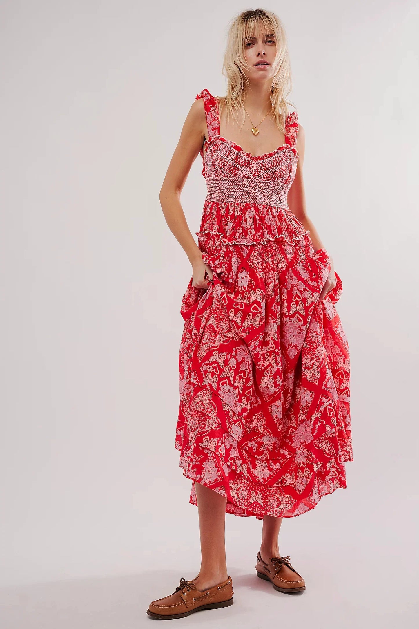 Casual Dresses- Women Floral & Paisley Boho Layered Maxi Dress- Red- Chuzko Women Clothing