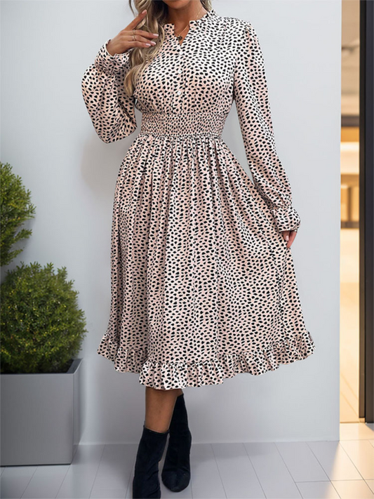 Casual Dresses- Women Lantern Sleeve Leopard Print Dress for Autumn Picnics- Khaki- Chuzko Women Clothing