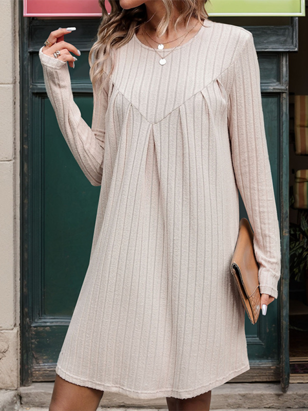 Casual Dresses- Women Long Sleeve Swing Dress in Ribbed- - Pekosa Women Fashion